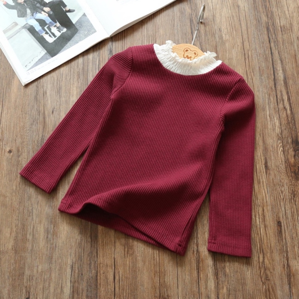 Toddler Girls Long Sleeve Lace Collar Wine Shirts